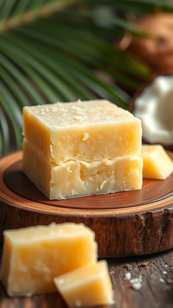 Delicious Butter Mochi Recipe Golden butter mochi squares on a rustic plate, surrounded by tropical elements.